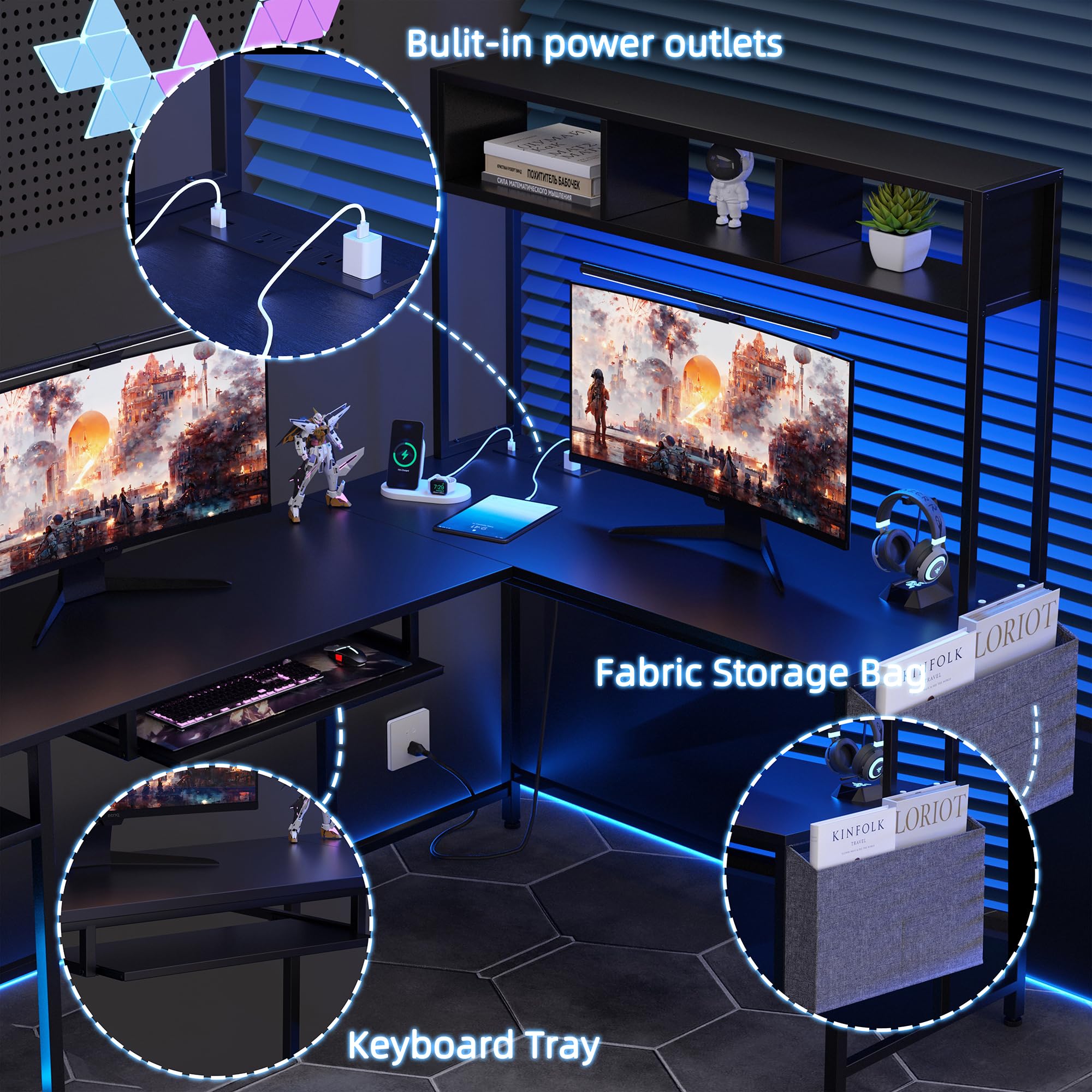 Shintenchi 66" L Shaped Home Office Desk, Reversible Gaming Desk with LED Lights and Power Outlet, Computer Desk with Keyboard Tray, Hook, Storage Bag and Shelf for Home Office, Black