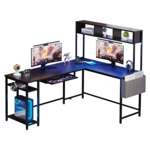 Shintenchi 66" L Shaped Home Office Desk, Reversible Gaming Desk with LED Lights and Power Outlet, Computer Desk with Keyboard Tray, Hook, Storage Bag and Shelf for Home Office, Black