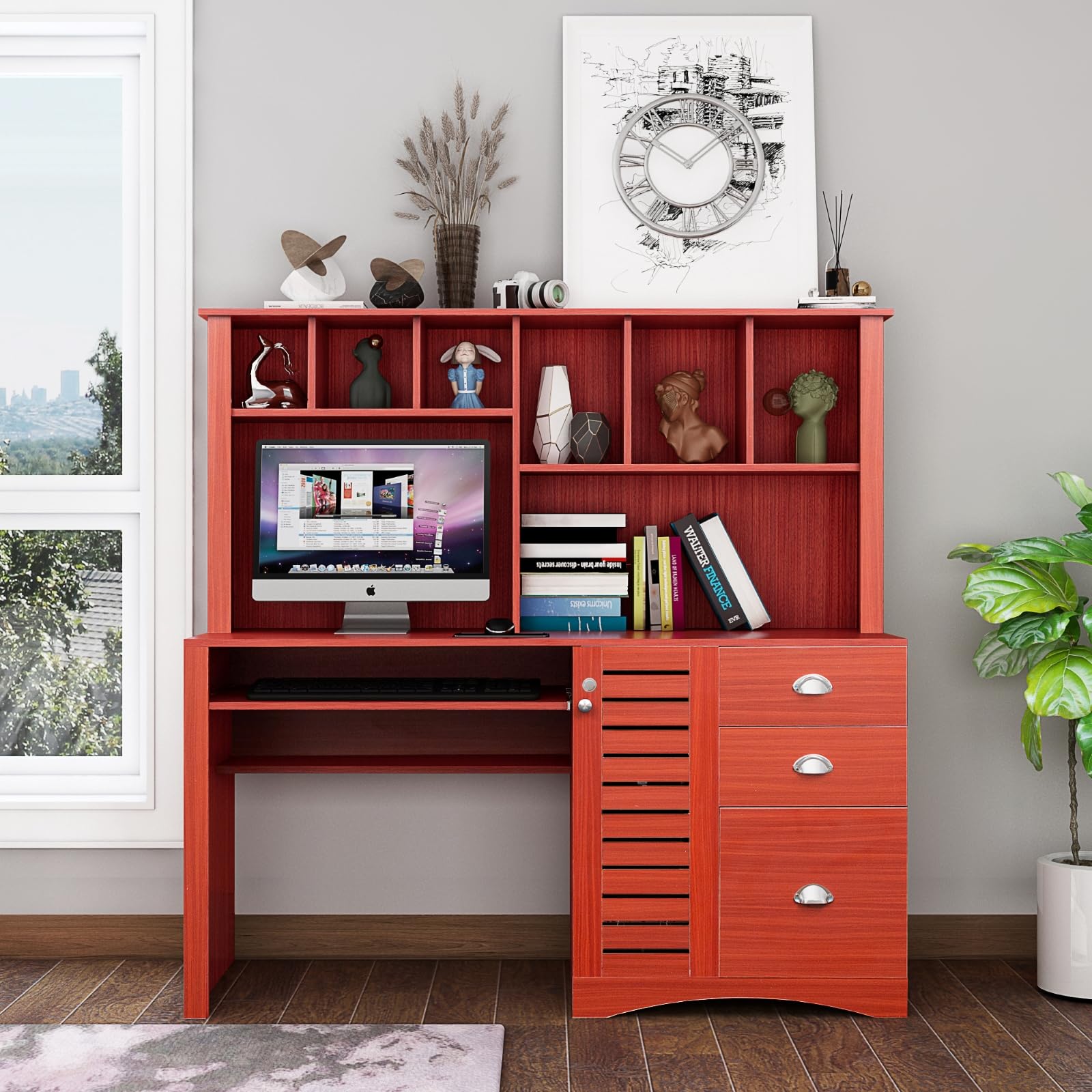 Xshelley Home Office Computer Desk with Hutch, 3 Drawers, Keyboard Tray (Red)