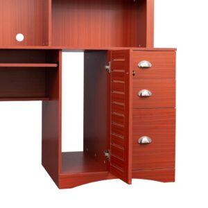 Xshelley Home Office Computer Desk with Hutch, 3 Drawers, Keyboard Tray (Red)