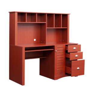 Xshelley Home Office Computer Desk with Hutch, 3 Drawers, Keyboard Tray (Red)