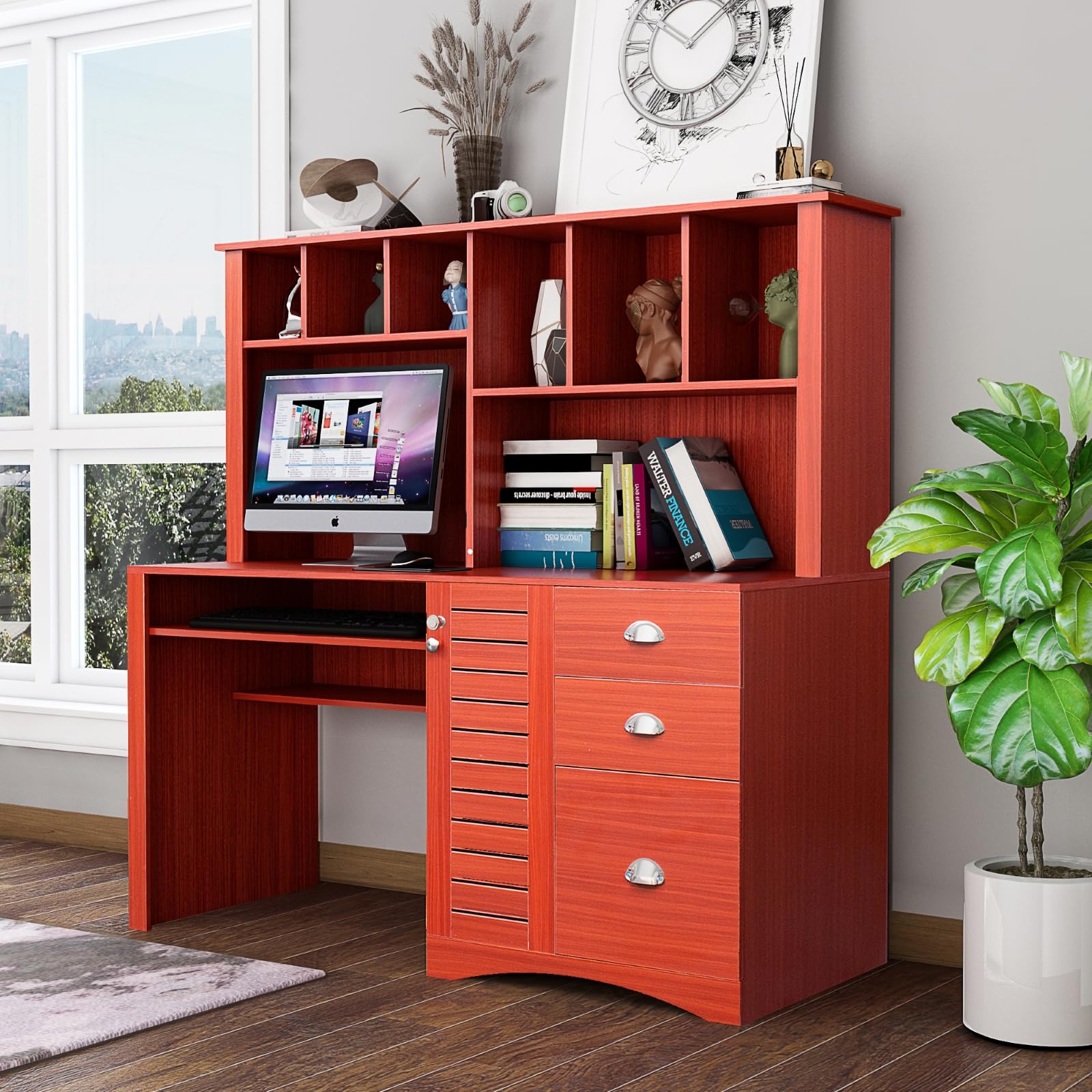 Xshelley Home Office Computer Desk with Hutch, 3 Drawers, Keyboard Tray (Red)