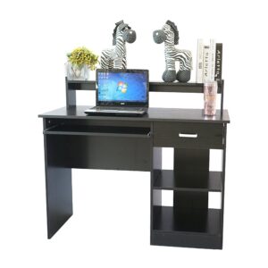 Black Computer Desk with Hutch, Computer Desk Study Writing Desk, Wooden Home Office Workstation PC Laptop Table with Drawer Shelf Keyboard Tray, Office Desk for The Modern Programmer 110 x 50 x 95CM