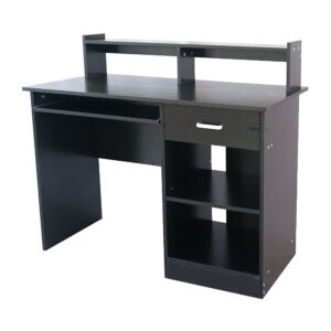 Black Computer Desk with Hutch, Computer Desk Study Writing Desk, Wooden Home Office Workstation PC Laptop Table with Drawer Shelf Keyboard Tray, Office Desk for The Modern Programmer 110 x 50 x 95CM