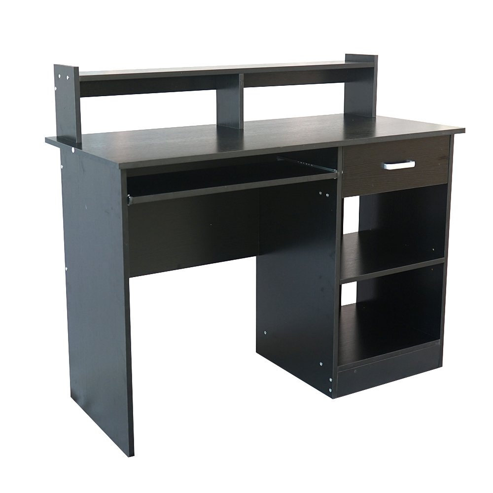 Black Computer Desk with Hutch, Computer Desk Study Writing Desk, Wooden Home Office Workstation PC Laptop Table with Drawer Shelf Keyboard Tray, Office Desk for The Modern Programmer 110 x 50 x 95CM