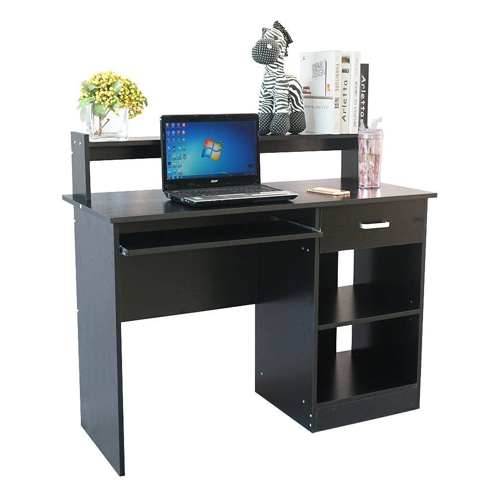 Black Computer Desk with Hutch, Computer Desk Study Writing Desk, Wooden Home Office Workstation PC Laptop Table with Drawer Shelf Keyboard Tray, Office Desk for The Modern Programmer 110 x 50 x 95CM