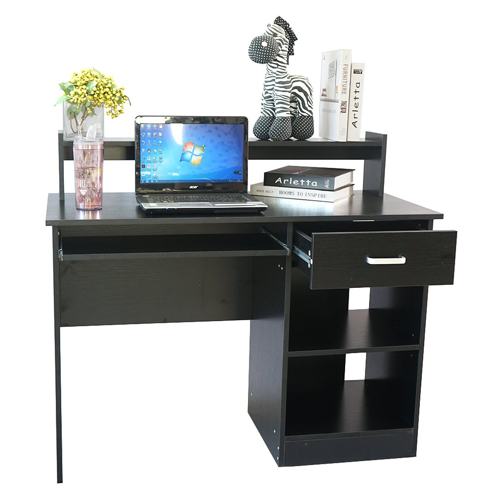 Black Computer Desk with Hutch, Computer Desk Study Writing Desk, Wooden Home Office Workstation PC Laptop Table with Drawer Shelf Keyboard Tray, Office Desk for The Modern Programmer 110 x 50 x 95CM