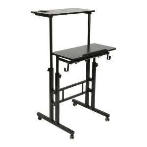 BINELUCOLU Mobile Stand Up Desk, 27.5-45.3in Height Adjustable Standing Desk with Keyboard Tray Hooks USB Interfaces& Socket Rolling Laptop Cart Computer Workstations