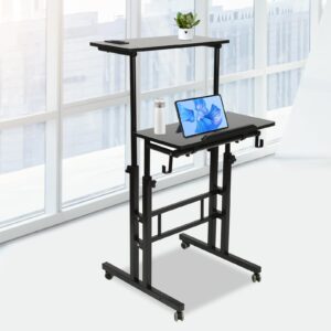 BINELUCOLU Mobile Stand Up Desk, 27.5-45.3in Height Adjustable Standing Desk with Keyboard Tray Hooks USB Interfaces& Socket Rolling Laptop Cart Computer Workstations