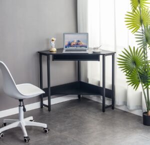 daesar triangle computer desk, corner desk with smooth keyboard tray, storage shelves, compact home office, small desk with sturdy steel frame for small space, 28.34" l 24" w 30.11" h