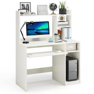 globalway home office desk w/hutch, gaming table workstation w/keyboard tray, cpu stand, & bookshelf, modern & space-saving writing desk for dorm, bedroom, white