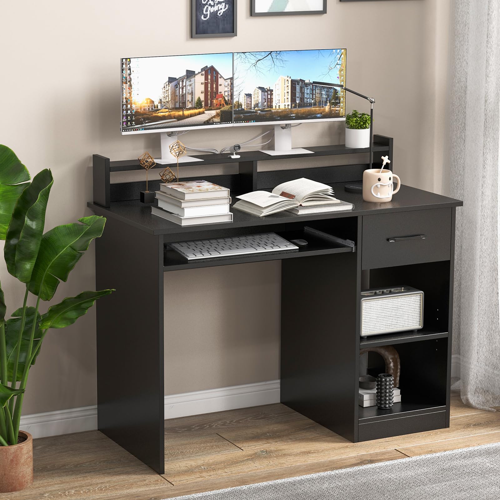 HAPPYGRILL Computer Desk with Monitor Stand, Home PC Office Desk with Keyboard Tray, Drawer & CPU Stand, Study Writing Desk Home Workstation Desk with Display Shelf