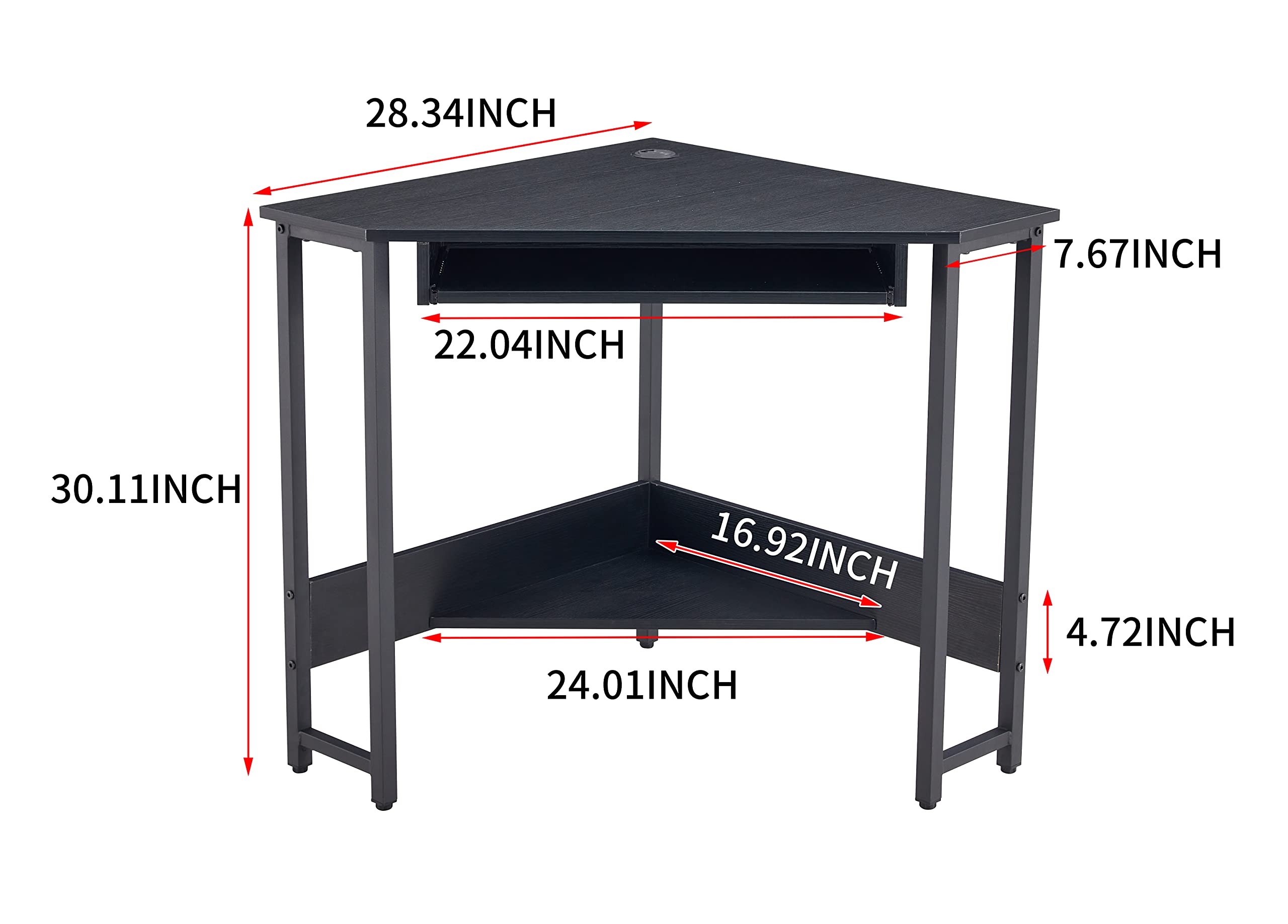 VanTook Computer Desk Corner Desk for Home Office, Triangle Writing Study Desk with Keyboard Tray & Storage Shelf, Compact Small Desk with Sturdy Steel Frame for Small Space Workstation, Black