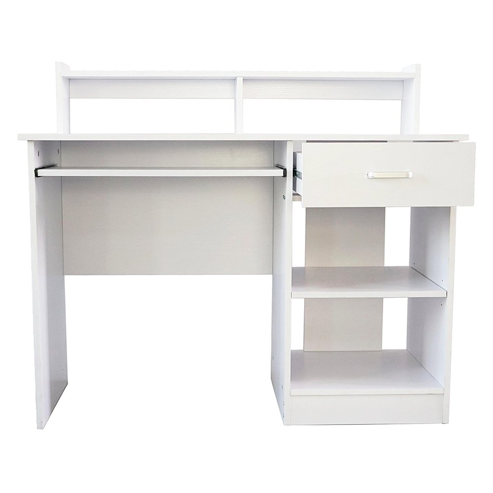 WISCLASS General Style White Computer Desk with Keyboard Tray and Drawers