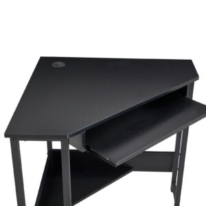 Aienid MDF Black Computer Desk Triangle Computer Desk,Corner Desk with Smooth Keyboard Tray& Storage Shelves,Compact Home Office,Small Desk with Sturdy Steel Frame As Workstation for Small Space