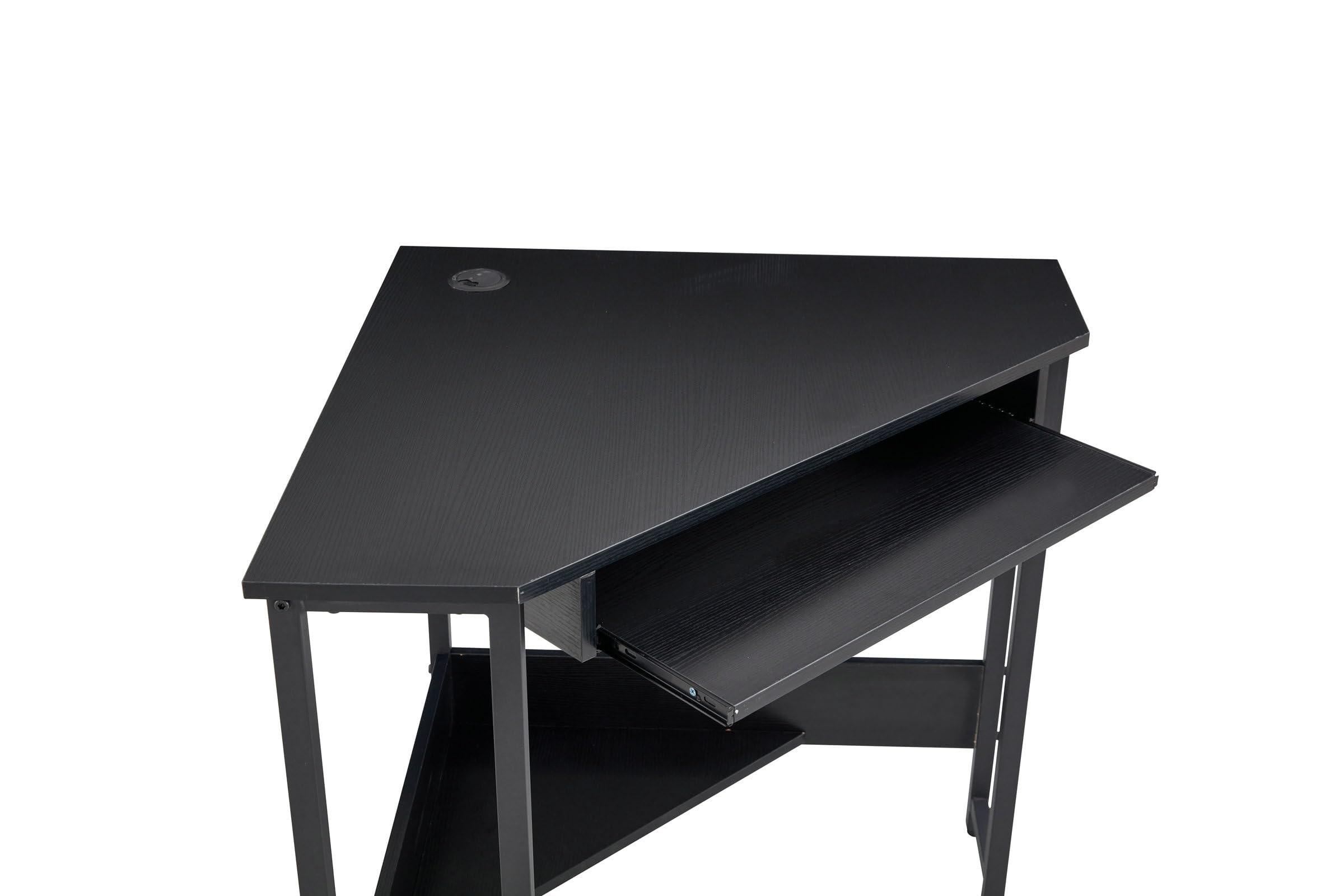 Aienid MDF Black Computer Desk Triangle Computer Desk,Corner Desk with Smooth Keyboard Tray& Storage Shelves,Compact Home Office,Small Desk with Sturdy Steel Frame As Workstation for Small Space