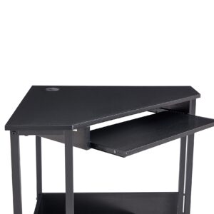 Triangle Computer Desk, Corner Desk with Pull-Out Keyboard Tray & Storage Shelves, Home Office Compact Desk, Gaming Table with Sturdy Steel Frame as Workstation for Small Space (Black)