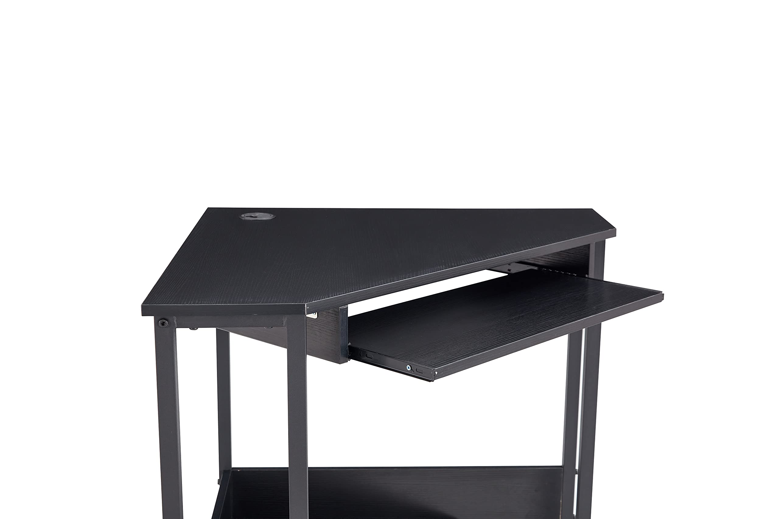 Triangle Computer Desk, Corner Desk with Pull-Out Keyboard Tray & Storage Shelves, Home Office Compact Desk, Gaming Table with Sturdy Steel Frame as Workstation for Small Space (Black)