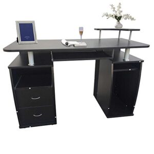 Kcelarec Computer Desk with 2 Drawers, Wooden Home Office Desk Writing Study Desk with Open Shelves and Keyboard Tray Black