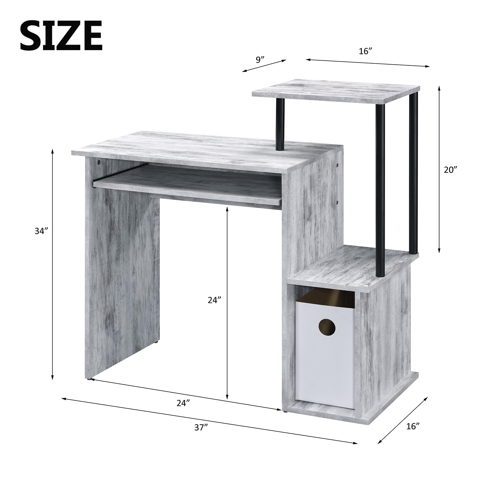 Rectangular Computer Desk, Modern Office Desk with Keyboard Tray, Shelf and Storage Compartment for Home Office, Shelf Dimension 9" L X 16" D X 20" H, Leg Space Dimension 24" L X 16" D X 24" H