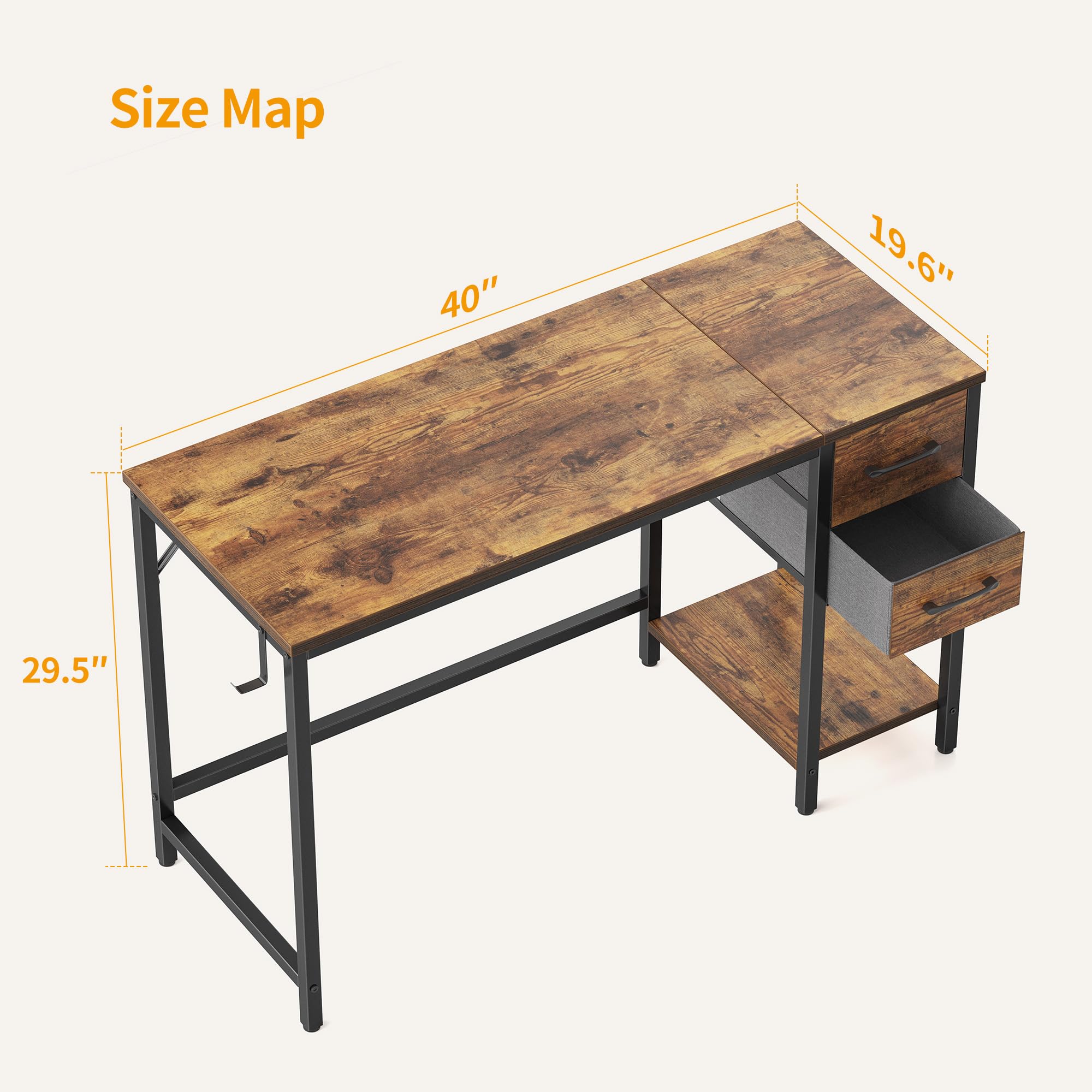 CubiCubi Computer Home Office Desk with 2 Drawers, 40 Inch Small Desk Study Writing Table, Modern Simple PC Desk, Rustic Brown