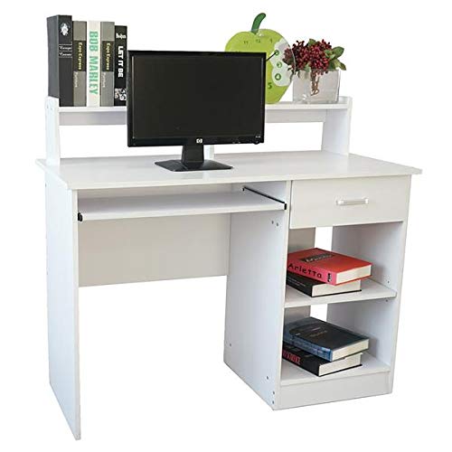 WISCLASS White Computer Desk with Built-in Keyboard Tray and Drawers