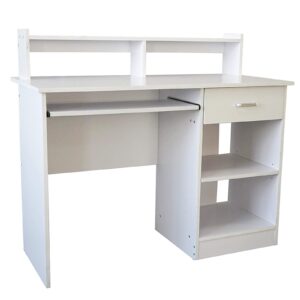 WISCLASS White Computer Desk with Built-in Keyboard Tray and Drawers