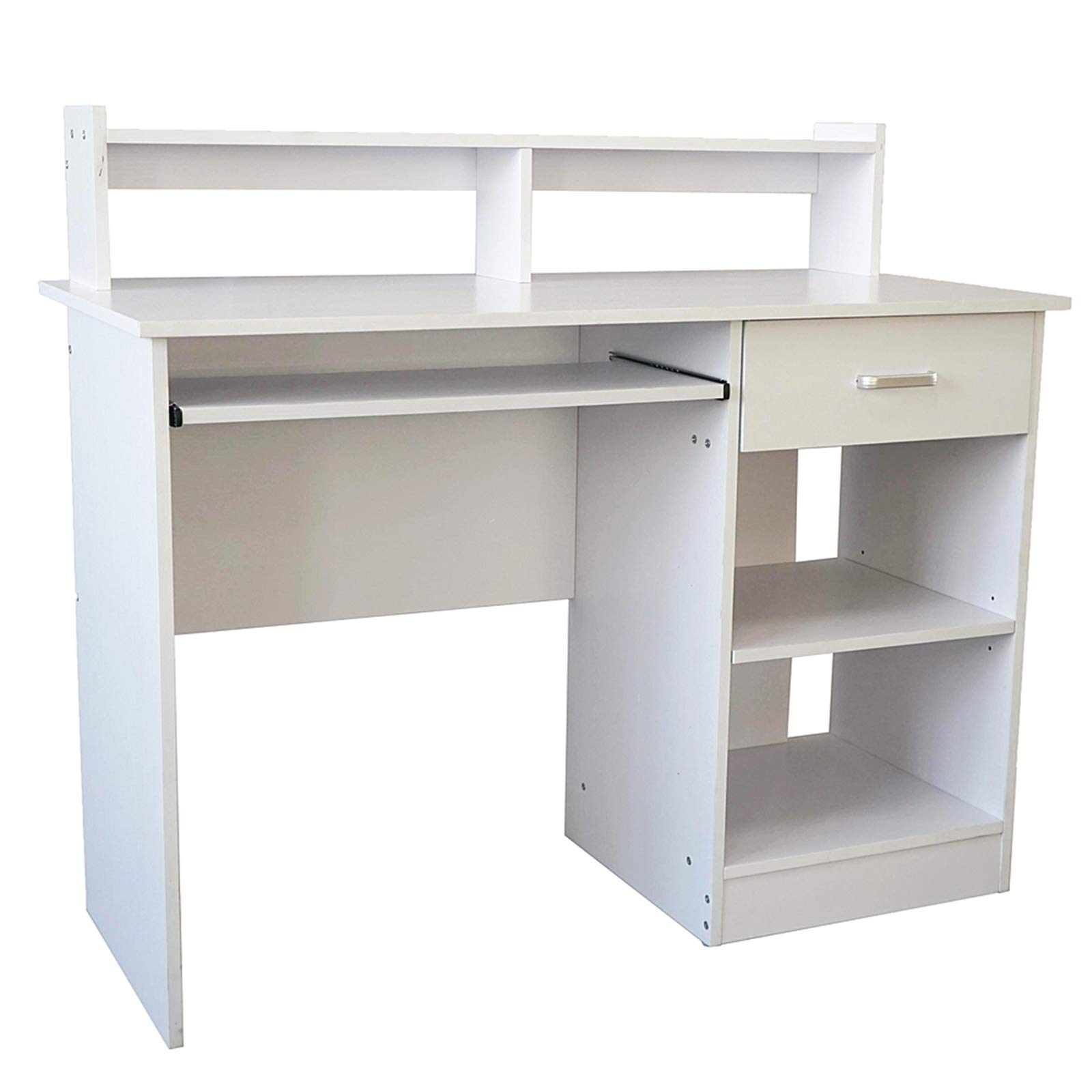 WISCLASS White Computer Desk with Built-in Keyboard Tray and Drawers