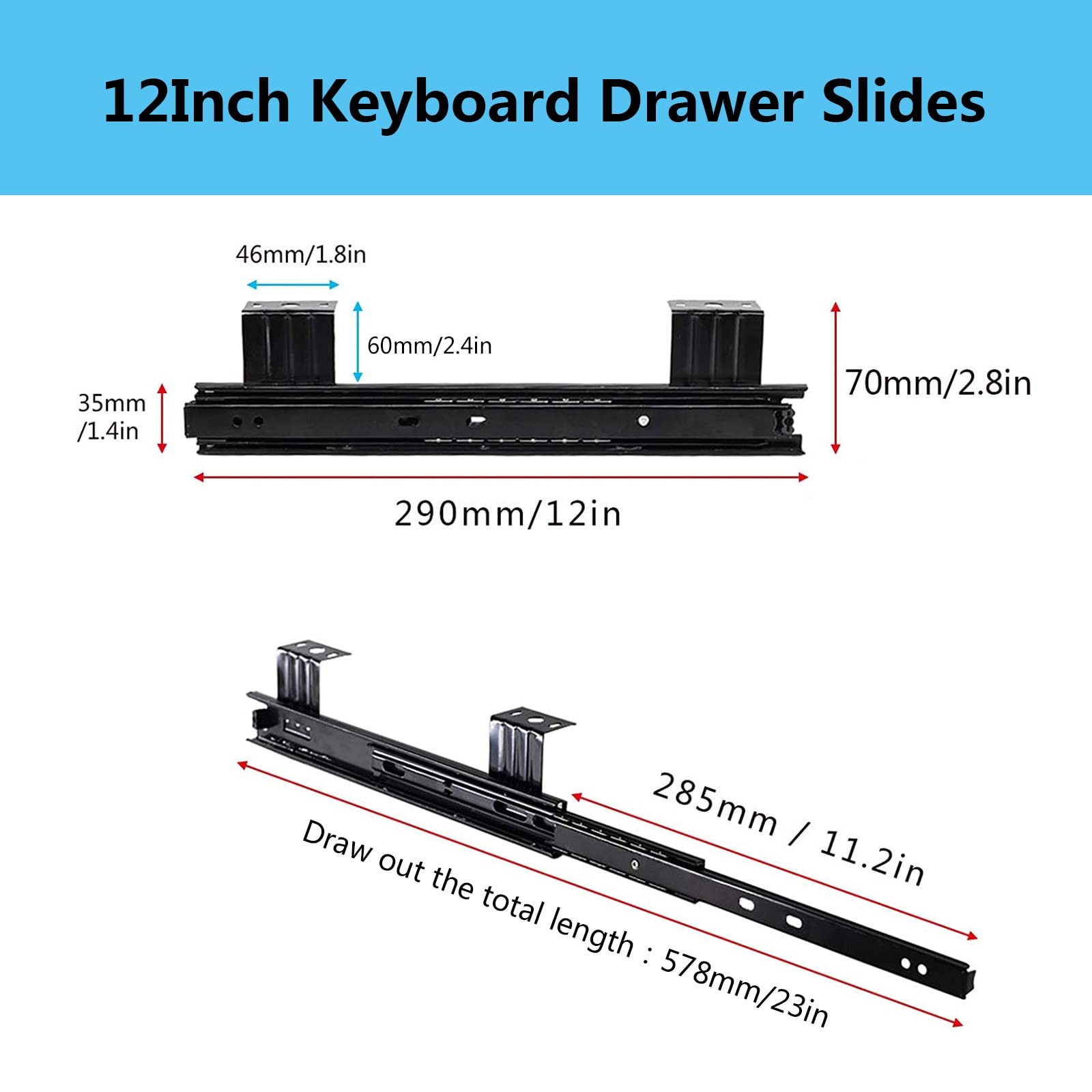 2 Pcs Heavy Duty Ball Bearing Slides Under Desk Keyboard Tray Runners 12inch - with Screws - Hanging Mount, 3-Sections Extension Rails Computer Slides Keyboard Drawer Slides (Black 290mm(12inch))