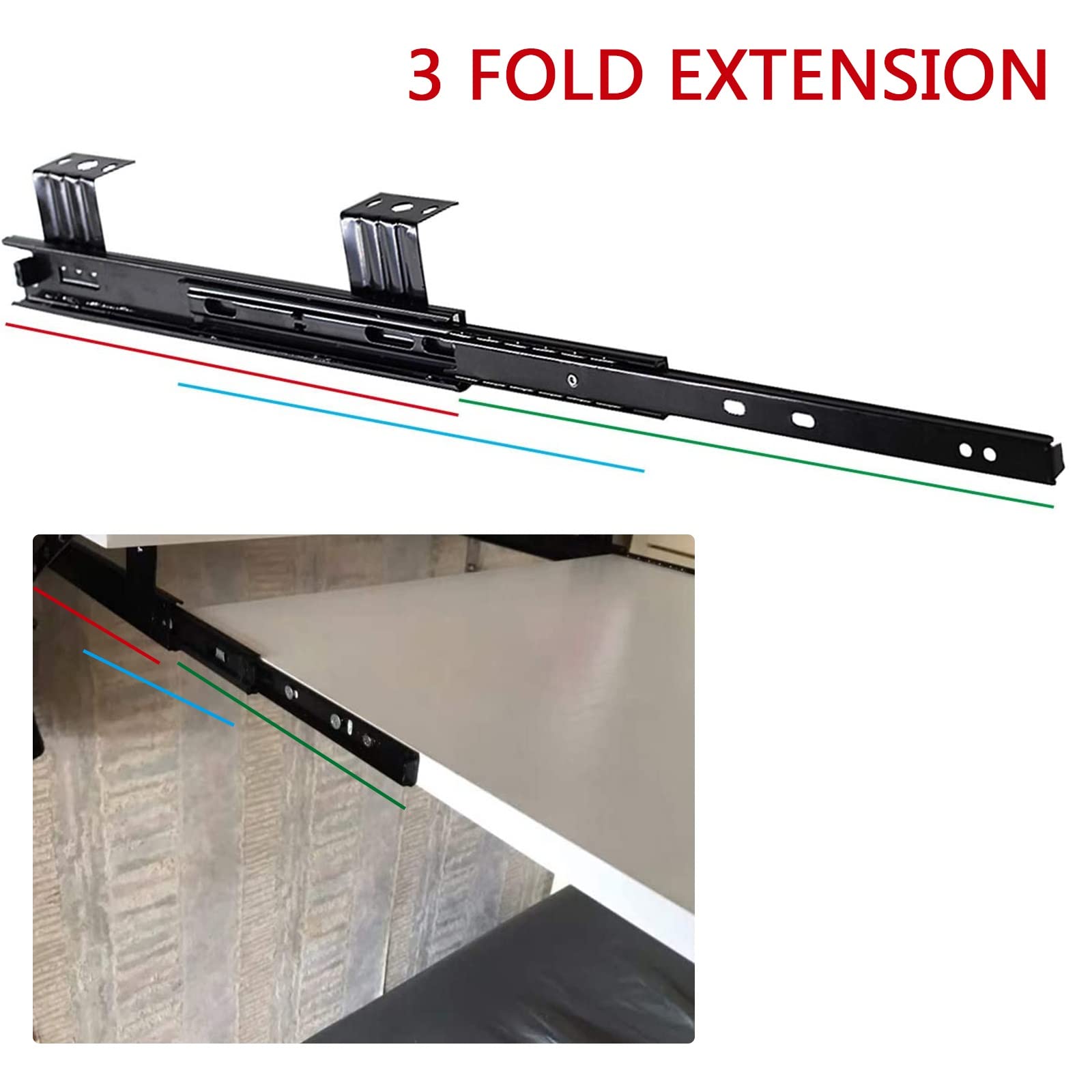 2 Pcs Heavy Duty Ball Bearing Slides Under Desk Keyboard Tray Runners 12inch - with Screws - Hanging Mount, 3-Sections Extension Rails Computer Slides Keyboard Drawer Slides (Black 290mm(12inch))