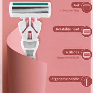 Razors for Women Sensitive Skin, 6 Blades Women’s razors for Shaving Including 1 Travel Razors for Women with 12 Blade Refills， Pink