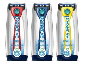 preserve shave 5 five blade refillable razor, made from recycled materials, assorted colors: red/blue/yellow (color may vary)