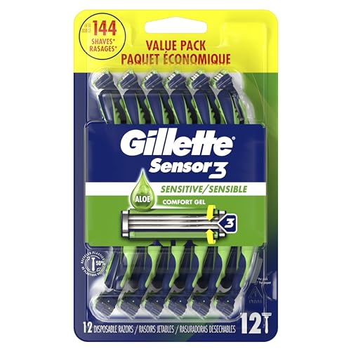 Gillette Sensor3 Sensitive Men's Disposable Razor, 12 Razors