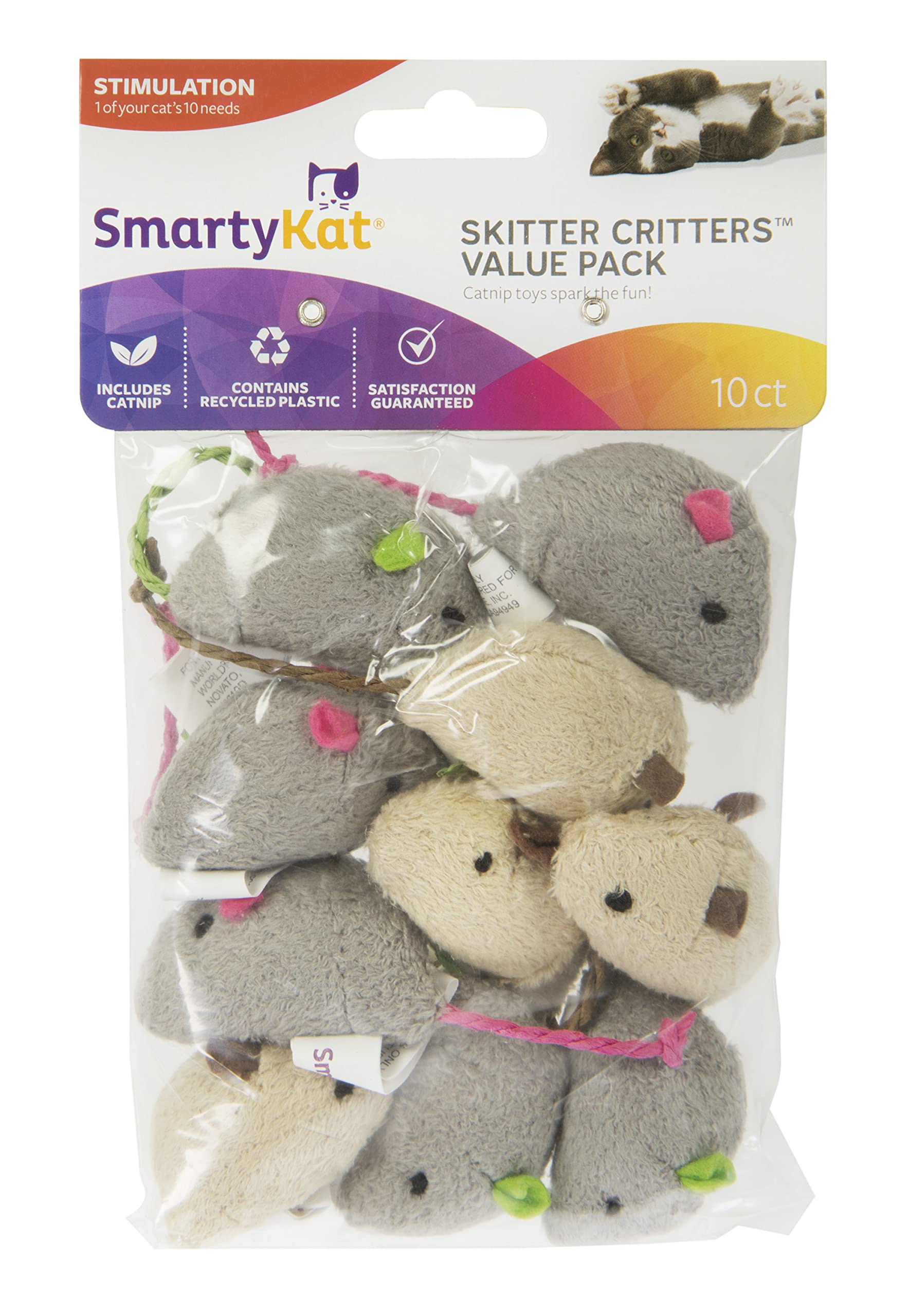 SmartyKat Skitter Critters Value Pack Catnip Cat Toys - Gray/Cream, Set of 10