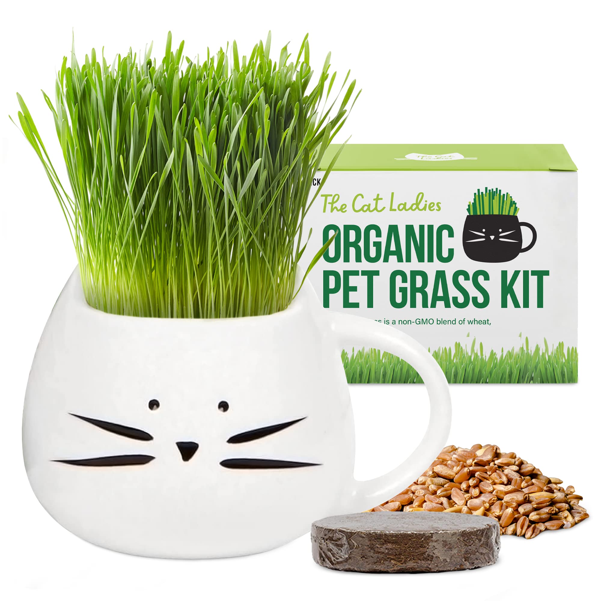 The Cat Ladies Organic Cat Grass for Indoor Cats - Growing Kit with Organic Seed Mix, Soil and White Cat Planter. Natural Hairball Control and Digestion Remedy, Cat Gifts