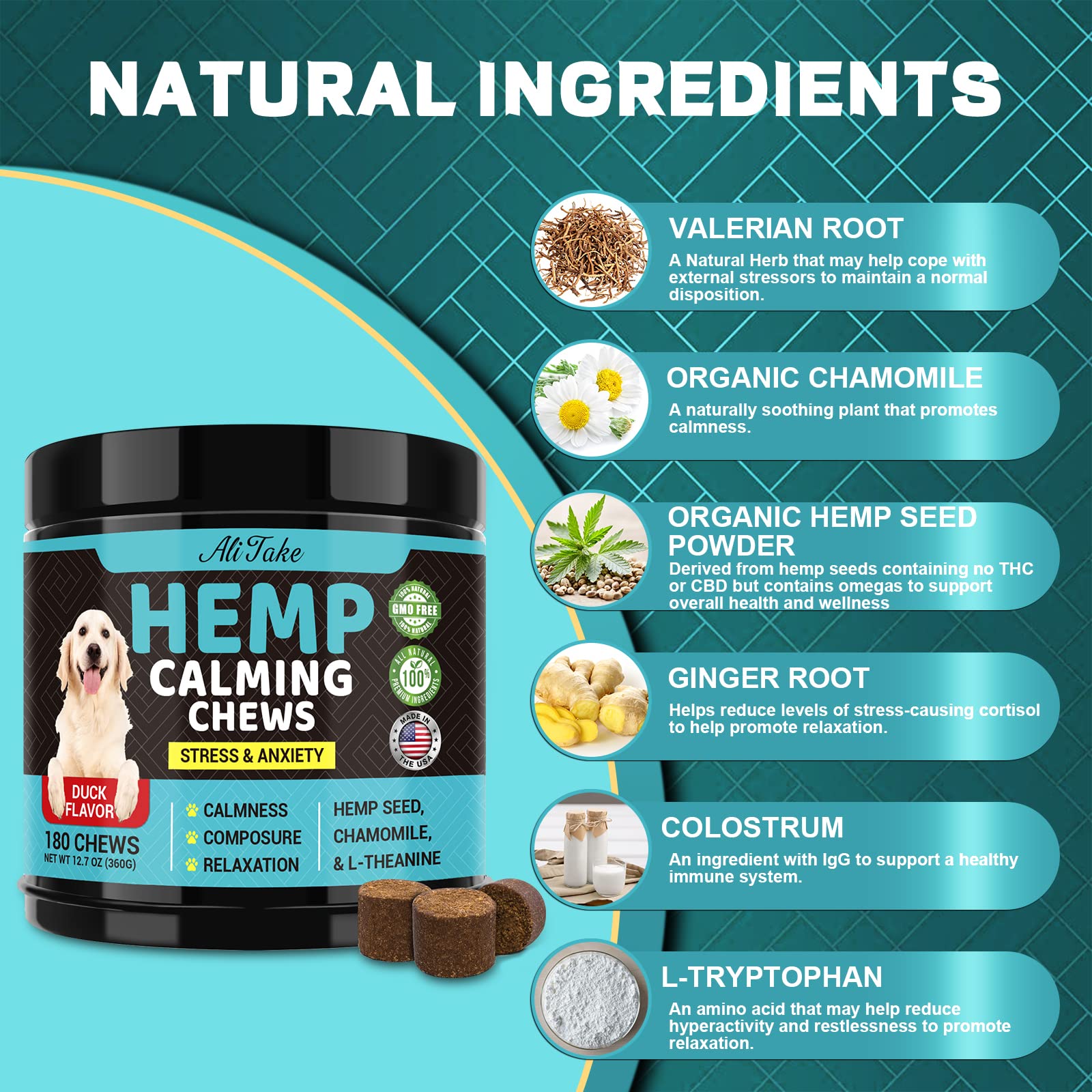 Hemp Calming Chews for Dogs - Dog Calming Treats Anxiety Relief 100% Golden Ratio of Natural Ingredients Calming Dog Treats, Aid with Separation, Barking, Stress Relief, Thunderstorms - Duck Flavor