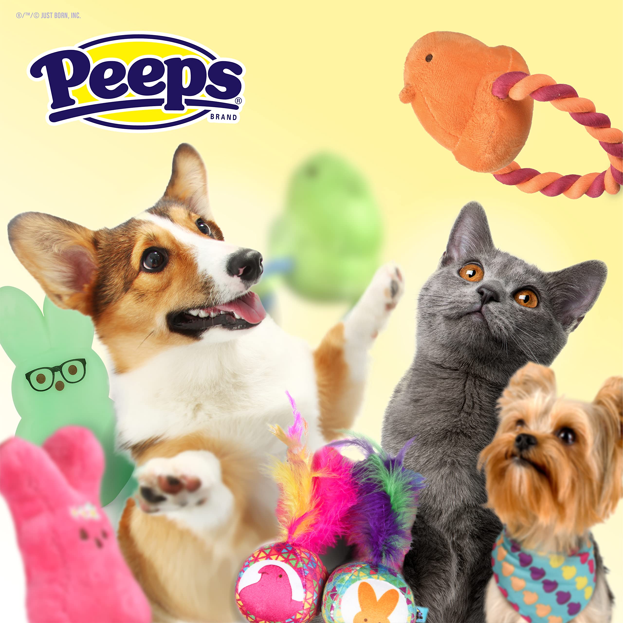 Peeps for Pets Peeps Bunnies Plush Catnip Cat Toys in Orange and Yellow, 4"- 2 Count | Small Cat Toy Set with 2 Cat Toys | Catnip Cat Toys Plush Cat Toys from Peeps Marshmallow Candy Brand (FF20244)