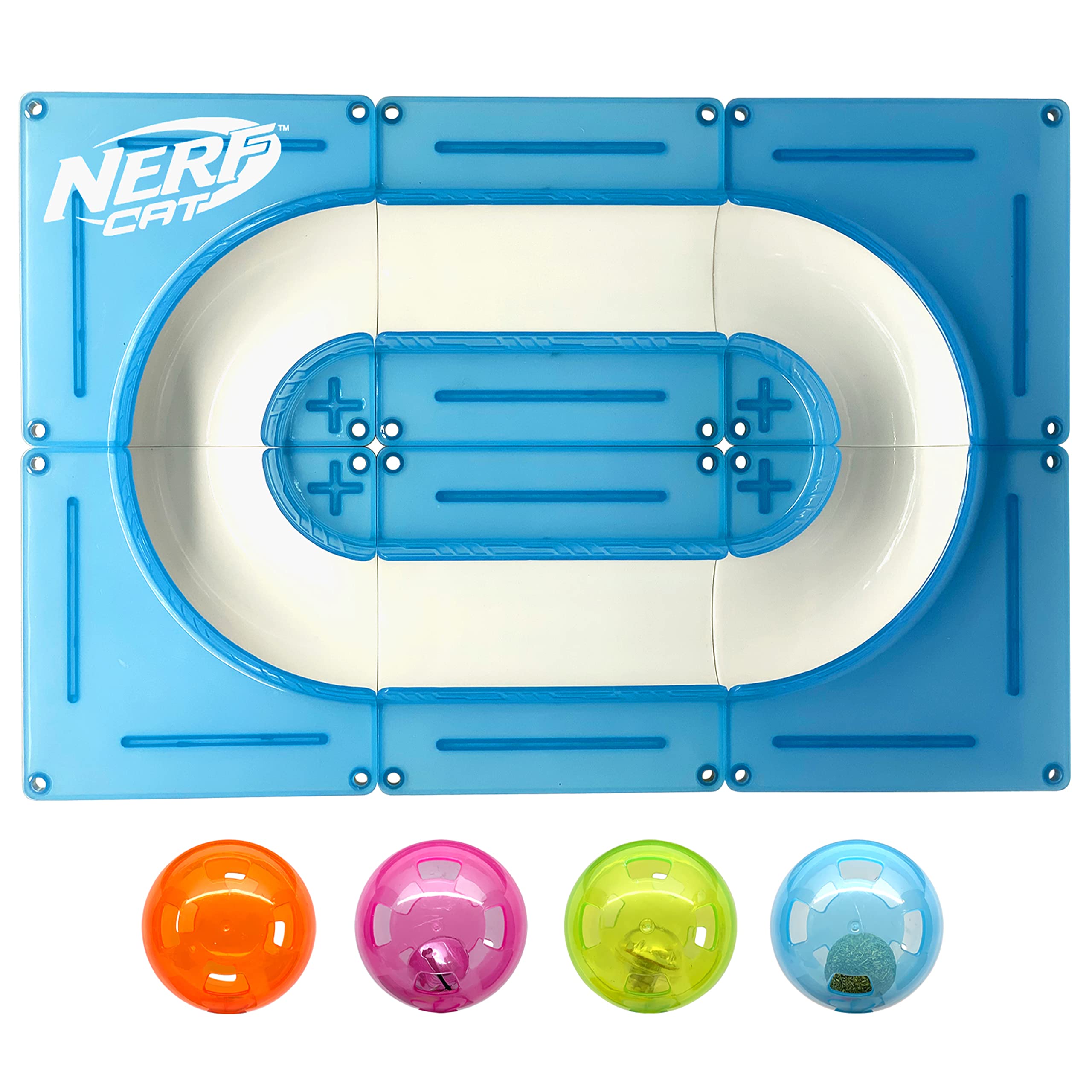 Nerf Cat Gift Set Box - 15in x 10in ABS Turbo Cat Track with 2 inch Hollow Ball and 2 inch Bell Ball and 2 inch LED Ball and 2 inch Catnip Ball