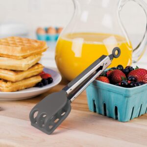 Tovolo Easy-Grip Mini Non-Slip Stainless Steel Handle, Heat-Resistant Silicone Heads, Kitchen Tongs for Cooking Waffles & Breakfast, Charcoal