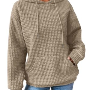 SHEWIN Womens Hoodies Casual Long Sleeve Drawstring Waffle Hoodie Pullover Sweatshirts Loose Hooded Sweatshirt for Women Trendy Fall Tops,US 4-6(S),Khaki