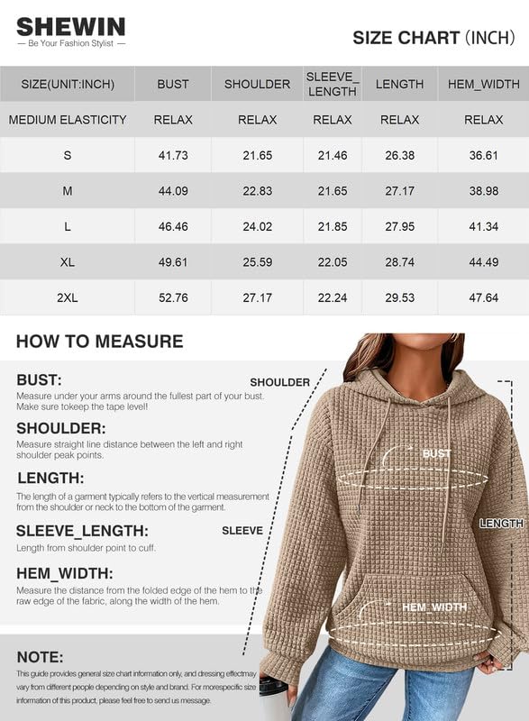 SHEWIN Womens Hoodies Casual Long Sleeve Drawstring Waffle Hoodie Pullover Sweatshirts Loose Hooded Sweatshirt for Women Trendy Fall Tops,US 4-6(S),Khaki