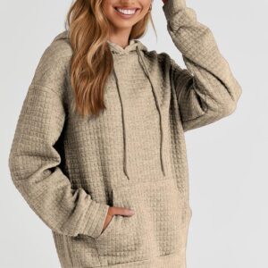 SHEWIN Womens Hoodies Casual Long Sleeve Drawstring Waffle Hoodie Pullover Sweatshirts Loose Hooded Sweatshirt for Women Trendy Fall Tops,US 4-6(S),Khaki