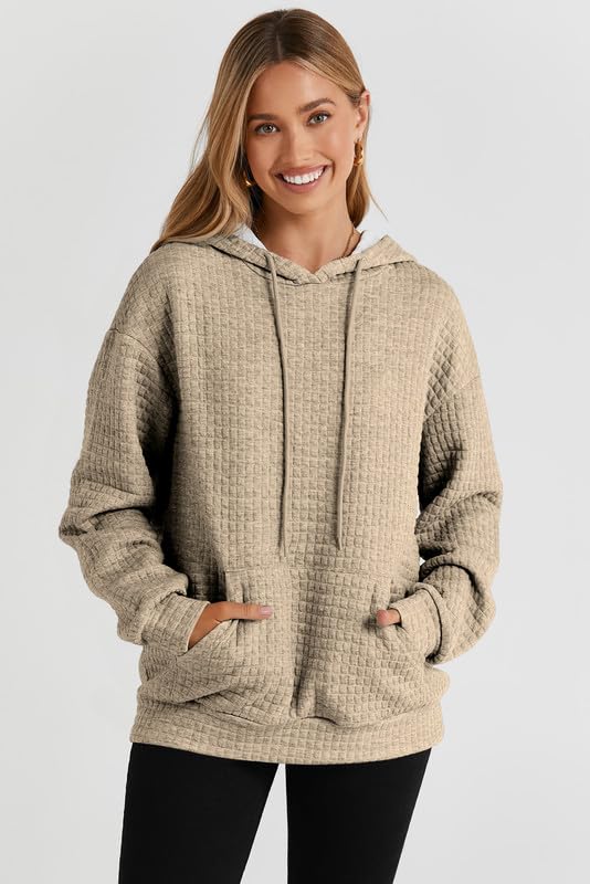 SHEWIN Womens Hoodies Casual Long Sleeve Drawstring Waffle Hoodie Pullover Sweatshirts Loose Hooded Sweatshirt for Women Trendy Fall Tops,US 4-6(S),Khaki