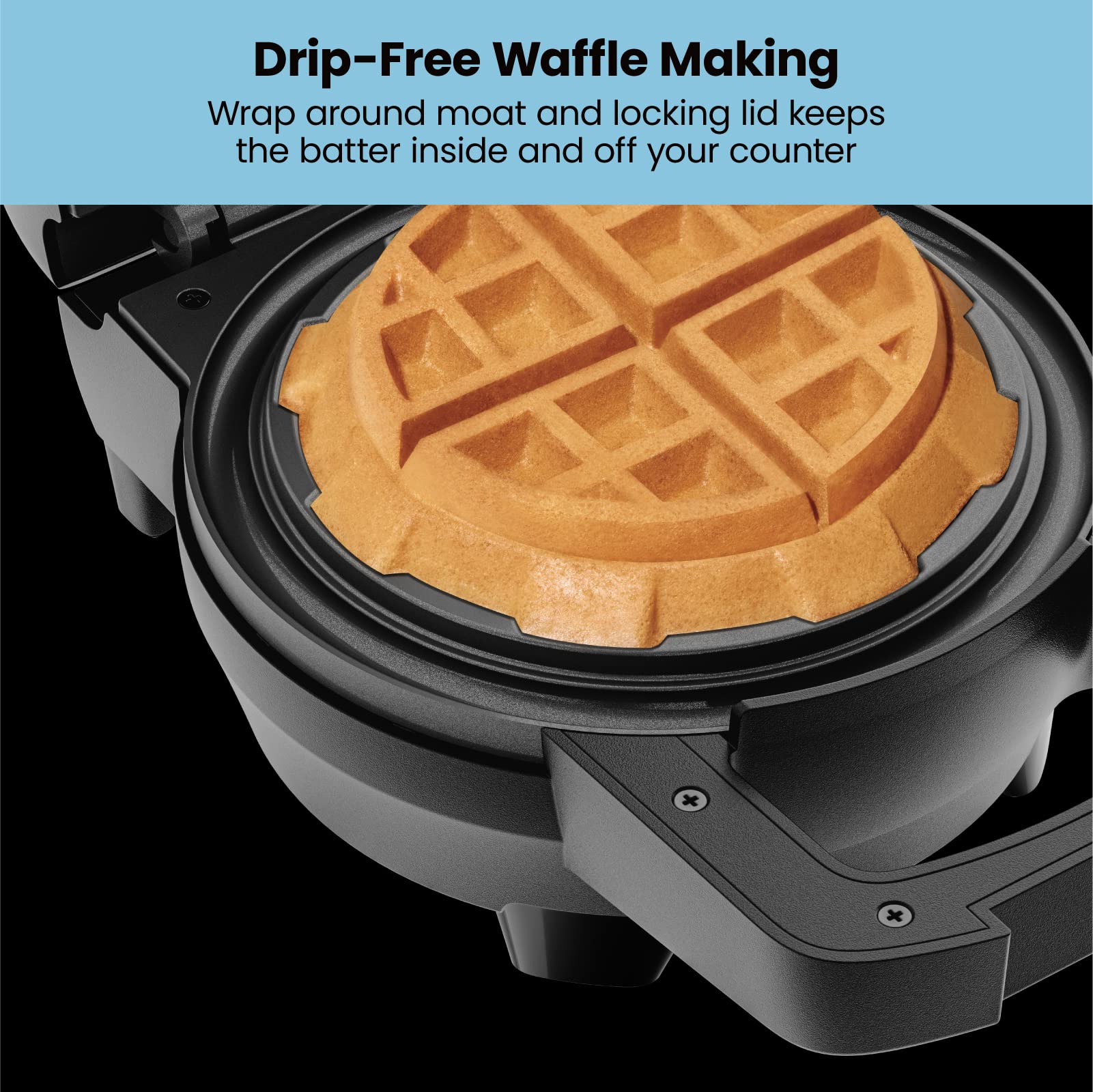 Chefman Big Stuff, Belgian Deep Stuffed Waffle Maker, Mess-Free Moat, 5-Inch Diameter with Dual-Sided Heating Plates, Wide Wrap with Locking Lid, Pour Light Indicator, Cool-Touch Handle, Black