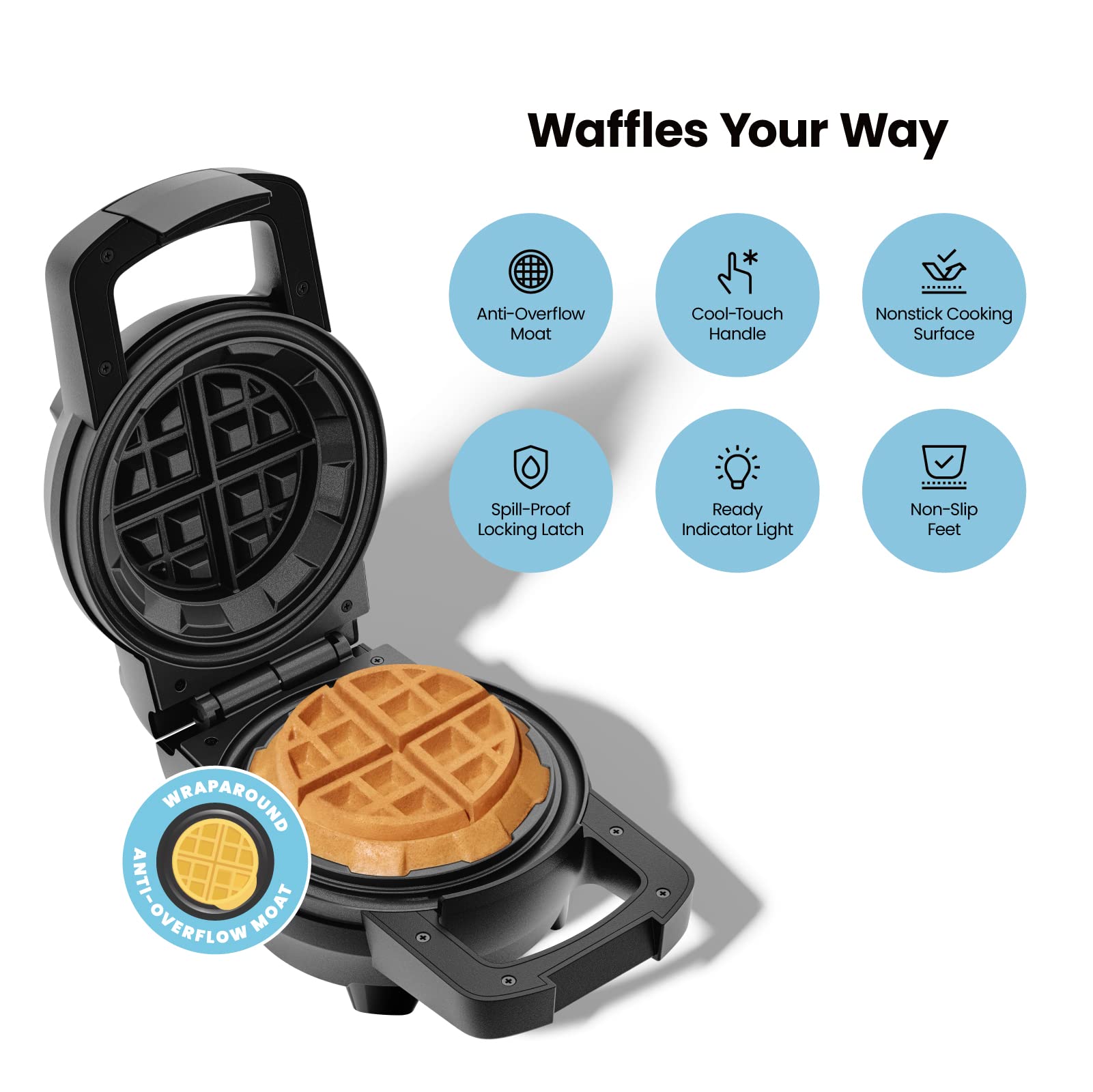 Chefman Big Stuff, Belgian Deep Stuffed Waffle Maker, Mess-Free Moat, 5-Inch Diameter with Dual-Sided Heating Plates, Wide Wrap with Locking Lid, Pour Light Indicator, Cool-Touch Handle, Black