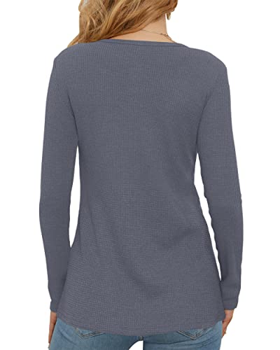 WNEEDU Women's Waffle Knit Tops Casual Long Sleeve Blouses Slim Fit Button Down V Neck Henley Shirt(Dark Gray,L)