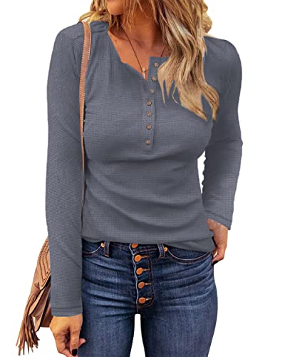 WNEEDU Women's Waffle Knit Tops Casual Long Sleeve Blouses Slim Fit Button Down V Neck Henley Shirt(Dark Gray,L)