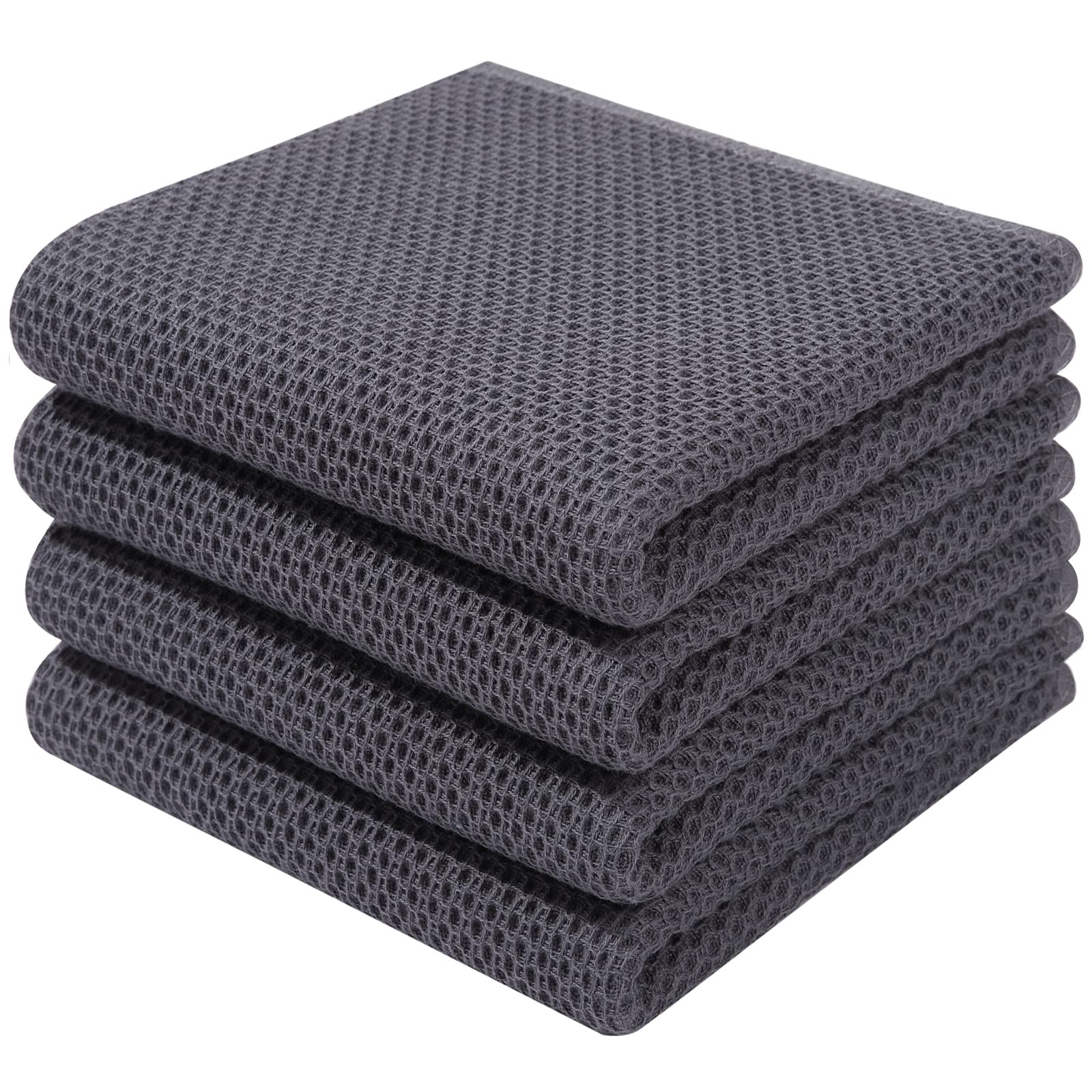 Homaxy 100% Cotton Waffle Weave Kitchen Dish Towels, Ultra Soft Absorbent Quick Drying Cleaning Towel, 13x28 Inches, 4-Pack, Dark Grey