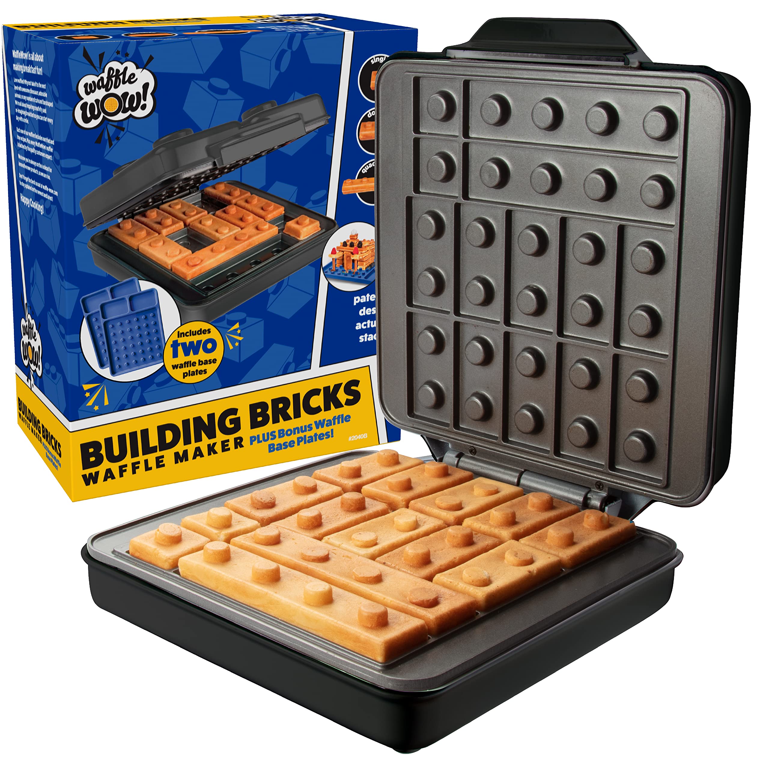 Building Brick Electric Waffle Maker - BLACK with 2 Construction Eating Plates - Cook Fun, Buildable Waffles in Minutes - Revolutionize Breakfast - Stack & Build on Serving Dishes, Great Gift