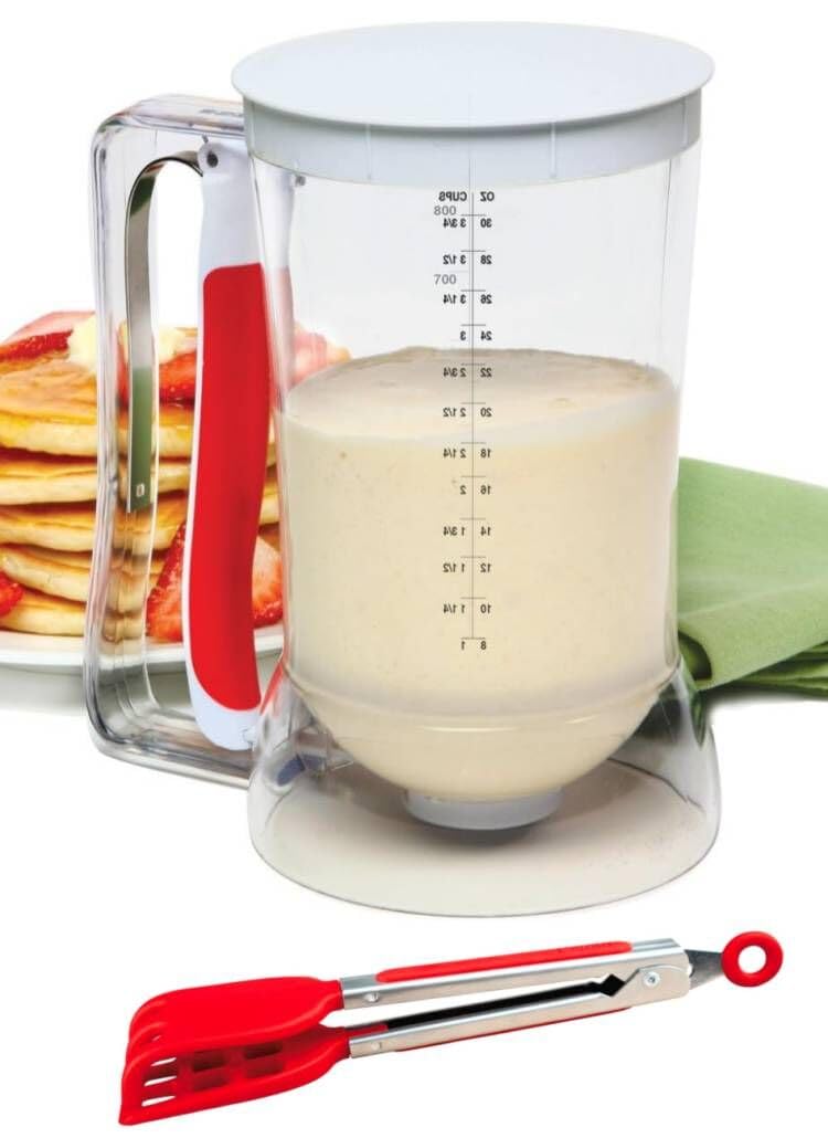 Waffles Batter Dispenser n Waffle Tongs Combo Set,Get Perfectly Fluffy Waffles Every Time! Batter Measuring Separator for Pancakes, Cupcake, Muffin Quick Filling Cookie Batter